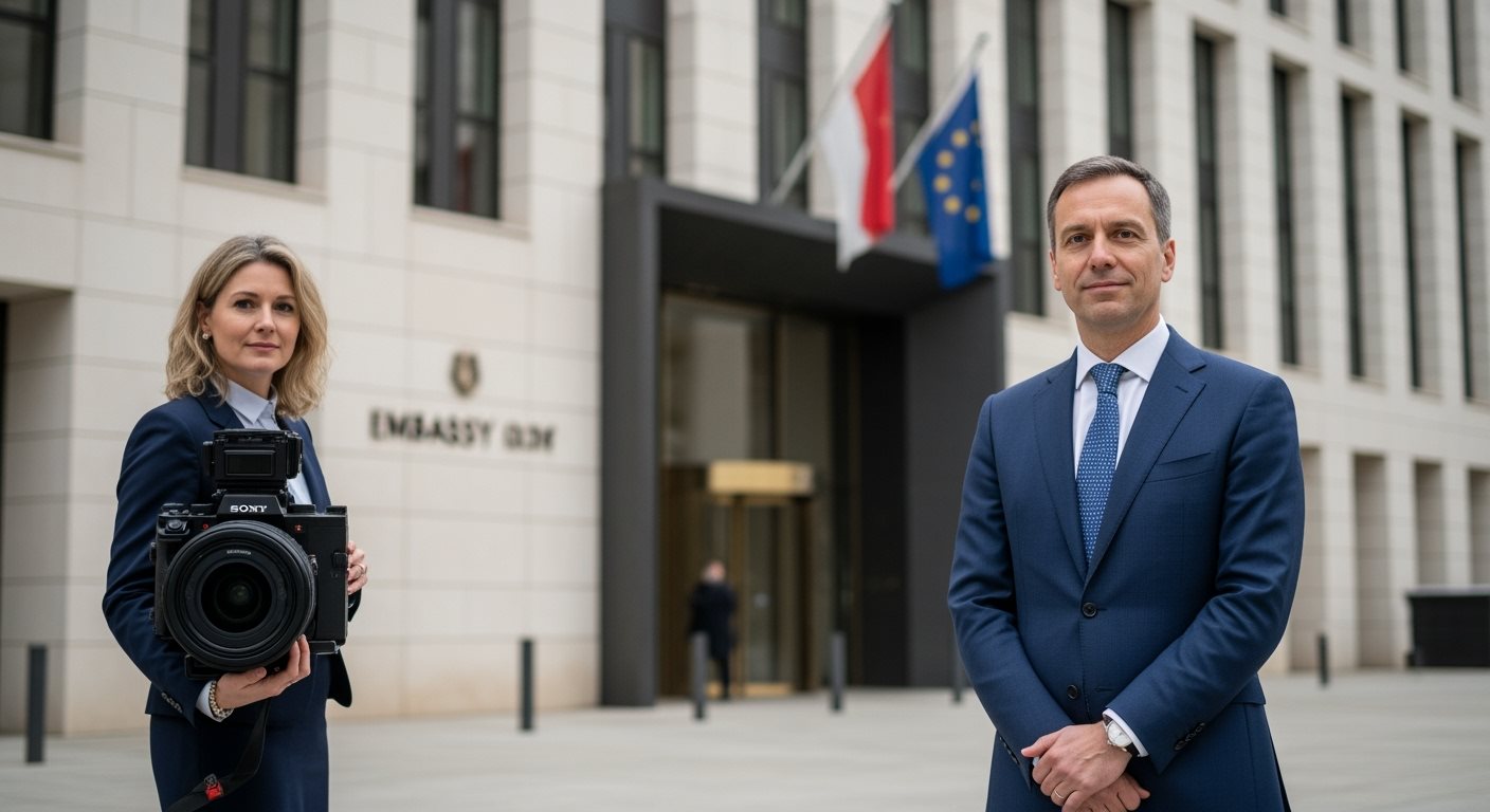 Embassy building with diplomatic official
